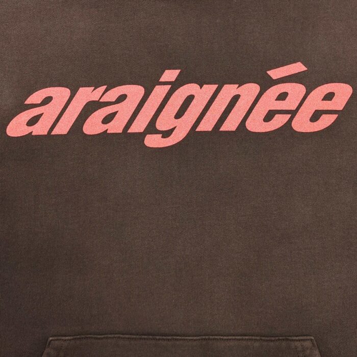 Felpa con scritta araignée rosa su sfondo marrone, stile streetwear trendy e originale.
