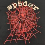 Web di ragno artistico nero e rosso con scritta stilizzata späder, stile gothico e misterioso.