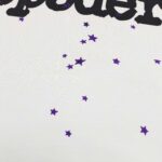 Decorazioni di Halloween con ragnatela, stelle viola e testo spider festivo.