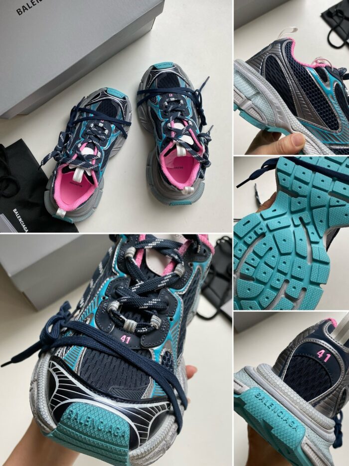 Scarpe sportive moderne in navy, turchese e rosa, comfort e stile per ogni attività.