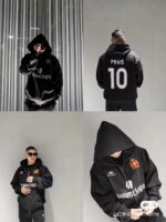 Felpa streetwear Balenciaga con numero 10, logo PRAIS e sunglasses stile moderno.