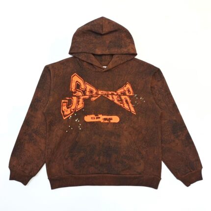 Felpa marrone con grafica Spider arancione e dettagli vintage, stile casual e trendy.