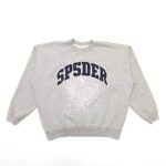 Felpa oversized grigia con grafica spider web e testo SP5DER in stile moderno.