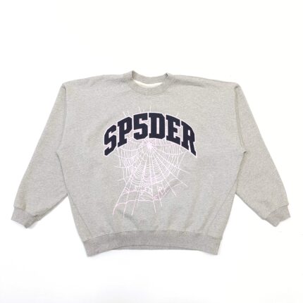 Felpa oversized grigia con grafica spider web e testo SP5DER in stile moderno.