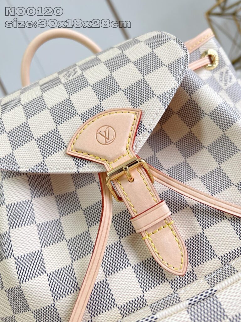 Zaino elegante a quadri beige e grigio con chiusura in pelle di alta qualità.