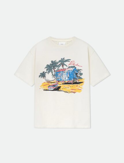 T-shirt casual con graphic spiaggia tropicale, casa, palme e mare, perfetta per l’estate.