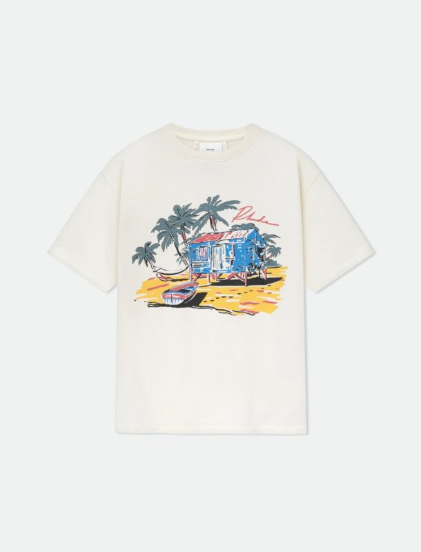 T-shirt casual con graphic spiaggia tropicale, casa, palme e mare, perfetta per l’estate.