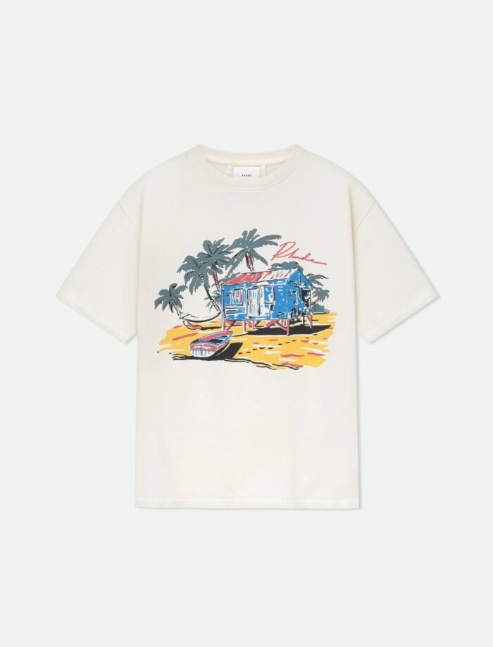T-shirt casual con graphic spiaggia tropicale, casa, palme e mare, perfetta per l’estate.