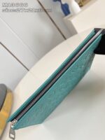 Custodia turistica turquoise con zip, in tessuto texturizzato, su tavolo rotondo elegante.