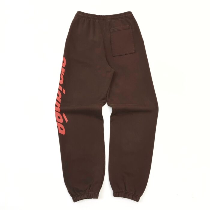Pantaloni jogger marroni con stampa rossa, tasca e polsini elastici, stile casual e moderno.