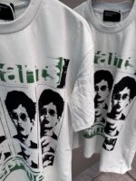 Magliette bianche con grafica artistica, ritratti e dettagli verdi per uno stile casual e trendy.