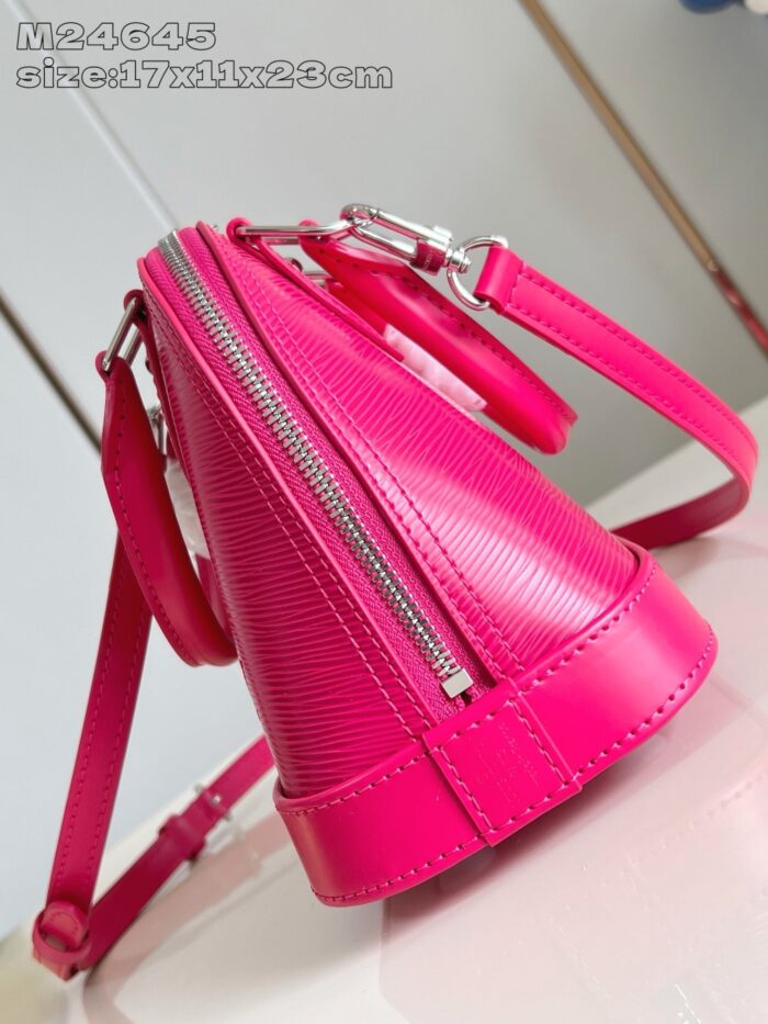 Elegante borsa rosa a forma di cono con zip e tracolla regolabile.