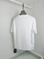 Maglietta bianca semplice con collo rotondo, vista posteriore, ideale per un look casual e versatile.