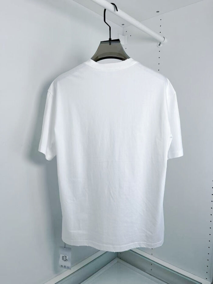 Maglietta bianca semplice vista posteriore, stile minimalista, rivestimento casual e versatile.