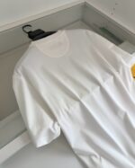 T-shirt bianca minimalista su un appendiabiti in un armadio ordinato, ideale per look casual ed eleganti.